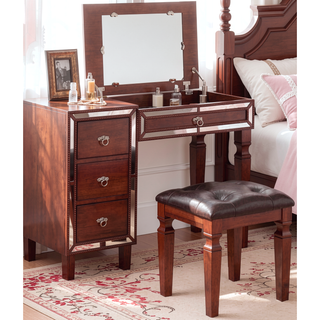 Sunvega Traditional Cherry Wood Vanity Set with Tufted Stool and Storage Drawers
