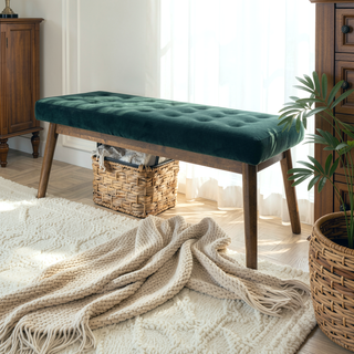 Sunvega Green Velvet Upholstered Modern Bench with Solid Wood Base and Removable Legs