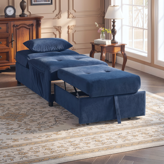 Sunvega Dark Blue Velvet Tufted Solid Wood Lift Top Storage Bench with Pull-out Ottoman