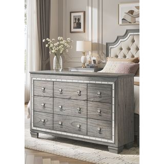Sunvega Light Gray Oak Dresser with Nine Spacious Drawers and Mirrored Trim