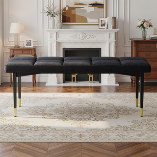Sunvega 47 Inch Multifunctional Black Shoe Bench with Faux PU Cushion and Gold Accents