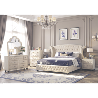 Sunvega Cream Velvet Upholstered Crystal Tufted 7-Drawer Dresser with Wood Frame