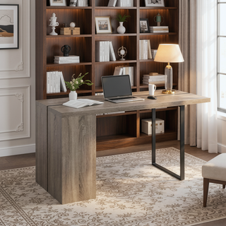 Sunvega Grey Oak and Black 2-Shelf Dining Table with Modern Metal Inlay Trim