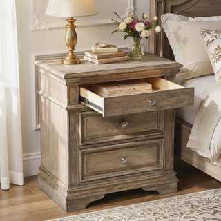 Sunvega Waxed Driftwood Nightstand with USB Charging and Two Drawers