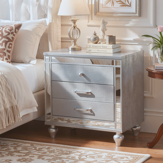 Sunvega Contemporary White High Gloss Lacquer Nightstand with Chrome Handles and USB Charger