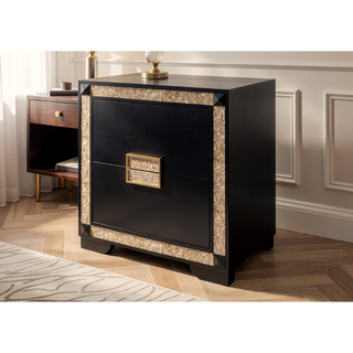 Sunvega Lively Black and Gold Nightstand with Glitter Detail and Spacious Drawers