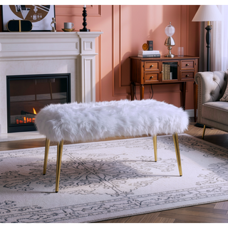 Sunvega Gold Finish Metal Base Armless Backless Lounge Bench with White Faux Fur