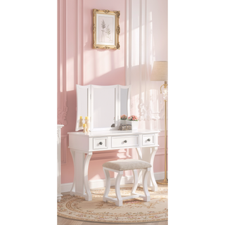 Sunvega Black Modern Bedroom Vanity Set with Stool Foldable Mirror and Drawers