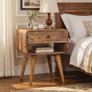 Sunvega Mid-Century Modern Oak-ish Nightstand with Drawer and Open Shelf
