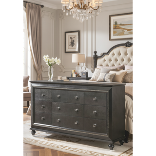 Sunvega Kaitlyn Metallic Gray Finish Wood Nightstand with Two Drawers and Crystal Trim