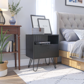 Sunvega Industrial Hairpin Legs Nightstand with Drawer and Open Shelf for Bedroom