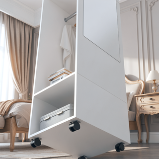 Sunvega Benson Wardrobe with Mirror and Open Storage on Wheels for Bedroom