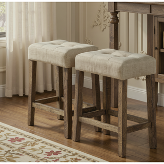 Sunvega Transitional Brown Rubberwood Dining Table with 2 Tufted Seat Stools