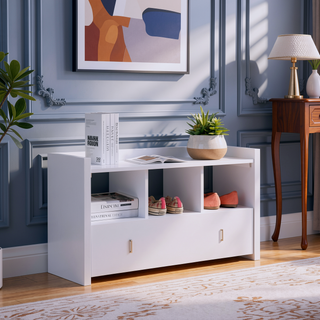 Sunvega White Entryway Shoe Bench with Three Shelves and One Storage Drawer