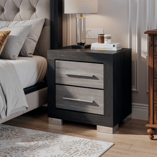 Sunvega Two Toned Black and Grey Nightstand with Spacious Drawers and Block Style Legs