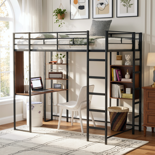 Sunvega Twin Metal Loft Bed with 2 Shelves and Desk for Study and Storage