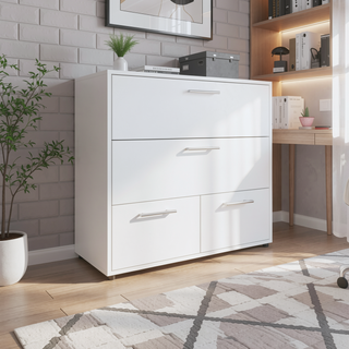 Sunvega 4 Drawer White Dresser with Sturdy Legs and Modern Design for Bedroom
