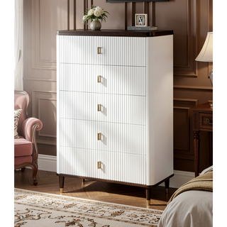 Sunvega White and Walnut Finish Nightstand with USB Port and Drawer