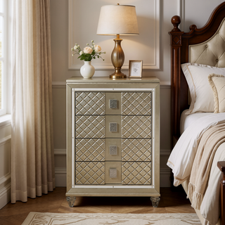 Sunvega Glamorous Champagne Finish Nightstand with 2 Dovetail Drawers and Beveled Mirror Trim