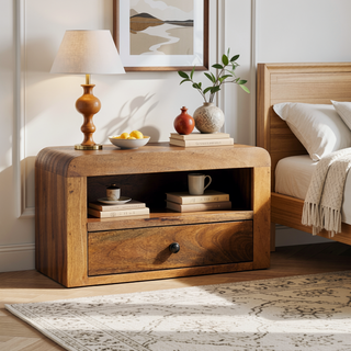 Sunvega Chunky Oak-ish Floating Bedside Table with Drawer and Open Shelf