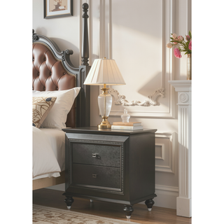 Sunvega Kaitlyn Metallic Gray Finish Wood Nightstand with Two Drawers and Crystal Trim