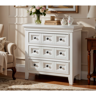 Sunvega Transitional Style Solid Wood Nightstand with Round Knobs and 3 Drawers