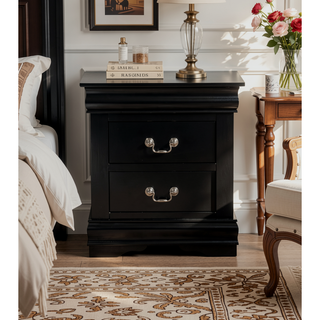 Sunvega Sleek Black Nightstand with Two Spacious Drawers and Brushed Nickel Handles