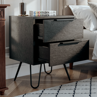 Sunvega Nightstand with Two Drawers and Four Steel Hairpin Legs