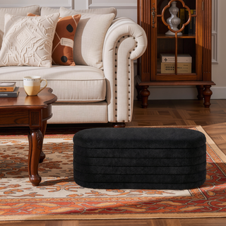 Sunvega Modern Oval Upholstered Boucle Teddy Fabric Storage Ottoman Bench with Safety Hinge