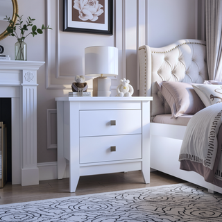 Sunvega White Nightstand with Two Spacious Drawers and Four Wooden Legs for Bedroom
