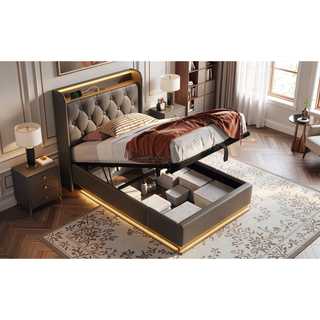 Sunvega Full Size Upholstered Bed with 360 LED Lighting Hydraulic Storage and USB Charging