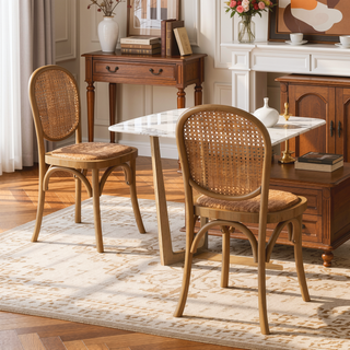 Sunvega Vintage Rattan Dining Chairs with Birch Wood Frame Set of 2