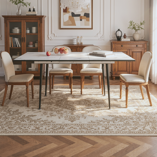 Sunvega Expandable Square Marble Pattern MDF Dining Table with Black Metal Legs