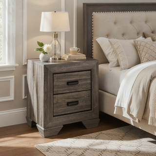 Sunvega Weathered Grey Grain 2-Drawer Nightstand with Rustic Vintage Appeal for Bedroom