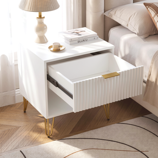 Sunvega Modern Glam Nightstand with Gold Metal Legs and Textured Drawer