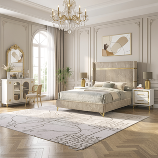 Sunvega White Nightstand with Gold Trim and Two Drawers for Bedroom Storage