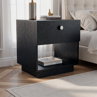 Sunvega Black Single Drawer Nightstand with Open Storage Shelf and Large Top Surface
