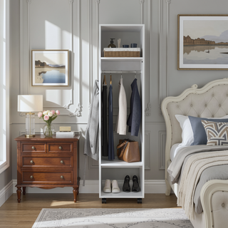 Sunvega Freestanding Wardrobe with Mirror, Shelves, Hanging Rod and Casters for Bedroom