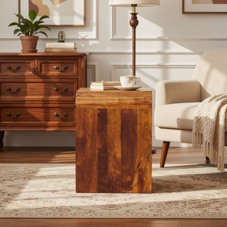 Sunvega Handcrafted Solid Mango Wood Nightstand with Drawer and Open Shelf