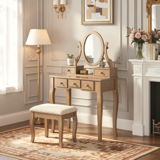 Sunvega Adjustable Oval Wooden Frame Vanity Table with Mirror and Stool