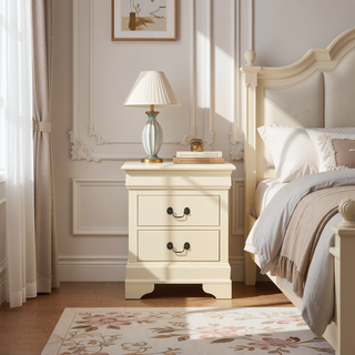 Sunvega Classic Beige Nightstand With Two Drawers for Bedroom Storage