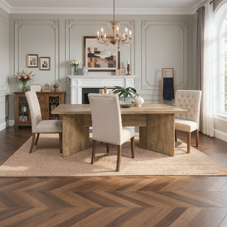 Sunvega Mango Brown Rectangular Dining Table with Sculpted Geometric Base and V-Shaped Legs