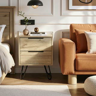 Sunvega Light Oak Finish Two-Drawer Rectangle Nightstand with Steel Legs