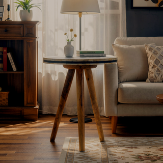 Sunvega Solid Mango Wood Tripod Stool with Black and White Bone Inlay Top