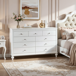 Sunvega Modern White Dresser with 9 Crystal Knob Drawers and Faux Alligator Fronts