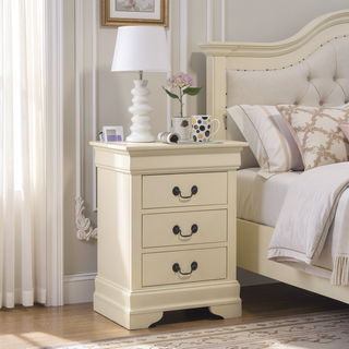 Sunvega Beige Nightstand With Three Drawers For Bedroom Storage