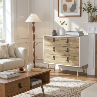 Sunvega White and Macadamia 3-Drawer Dresser with Contemporary Metal Handles and Wooden Legs