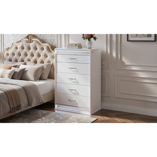 Sunvega Glam Modern Style White Wood Chest with Crystal Accents and LED Lighting