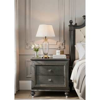 Sunvega Kaitlyn Metallic Gray Finish Wood Nightstand with Two Drawers and Crystal Trim