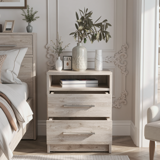 Sunvega Smokey Oak and White Finish Nightstand with Two Drawers and Open Shelf